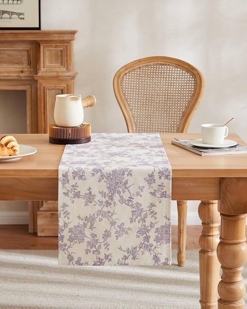 100% Cotton French Pastoral Table Runners, 13x36 Inch Purple Farmhouse Table Runners 36 Inches Long, Vintage Flowers Print Home Decors