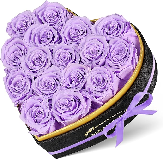 16 Preserved Roses in Heart Shape Gift Box for Her - Forever Flowers for Delivery, Eternal Rose Mothers Gifts for Mom, Wife Anniversary Birthday Gifts for Women, Purple