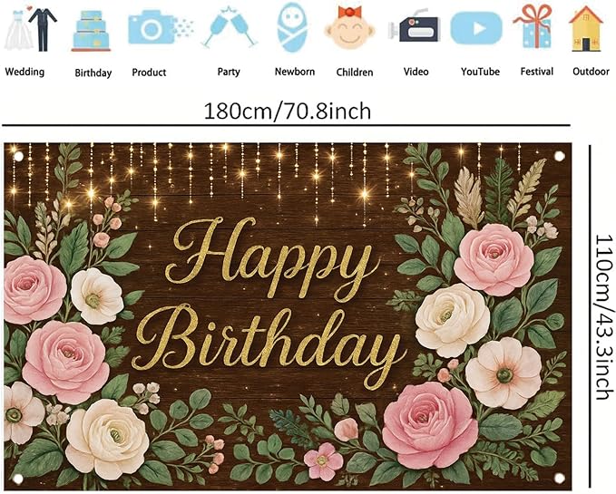 Rustic Wood Floral Birthday Backdrop Banner Pink Flower Wooden Happy Birthday Photography Background Women Girls Wedding Baby Shower Decor Party Decorations Photo Studio Props 6x4ft
