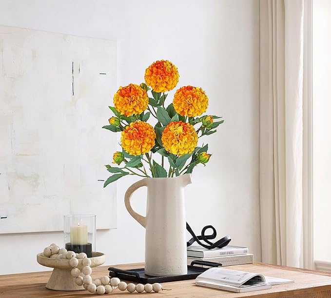 Hollyone 5PCS Dahlia Fall Flowers Artificial for Decoration 24.8" Orange Fake Ball Dahlias Autumn Silk Flowers Arrangements Faux Roses Flower with Stems Bouquets Centerpieces Fall Decorations for Home