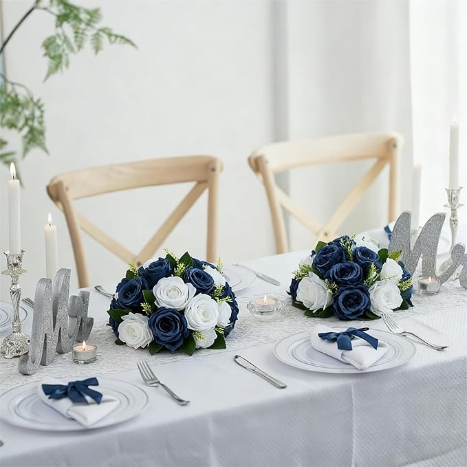 Flower Centerpieces for Wedding Tables: Wedding Table Decorations Navy Blue & White Flower Balls Centerpieces for Engagement Cerebration Party Center Pieces 2 Packs