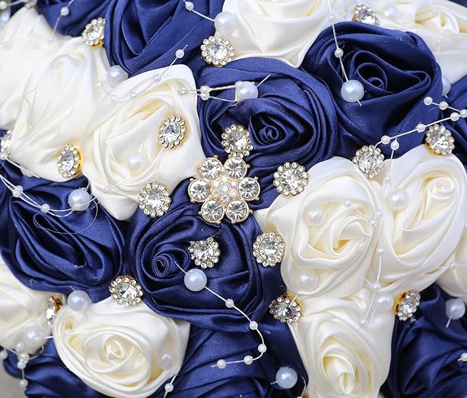 Bridal Wedding Bouquet Round Bling Brooch Bouquet Throw Toss Artificial Rose Flower Bunch for Bride Bridesmaid Wedding Quinceanera(Navy Blue & Ivory, 9.8")