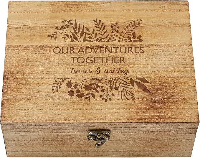Let's Make Memories Personalized Wooden Keepsake Box With Hinged Lid - Wood Memento Box - Decorative Storage - Home Decor - For Couples, Wedding, Newlyweds - Laser Engraved - Our Adventures Together