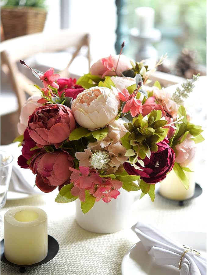 FiveSeasonStuff Pinkish Red and Dusty Pink Vintage Artificial Peonies Silk Flowers and Hydrangeas for Wedding Bridal Home Decor – Beautiful Floral Centerpiece Bouquet (Passion Blush)