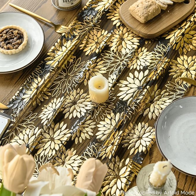 Artoid Mode Black Gold Dahlia Flower Gauze Table Runner 120 Inch 10FT, Glitter Metallic Foil Seasonal Sheer Dining Holiday Table Decor for Home Party