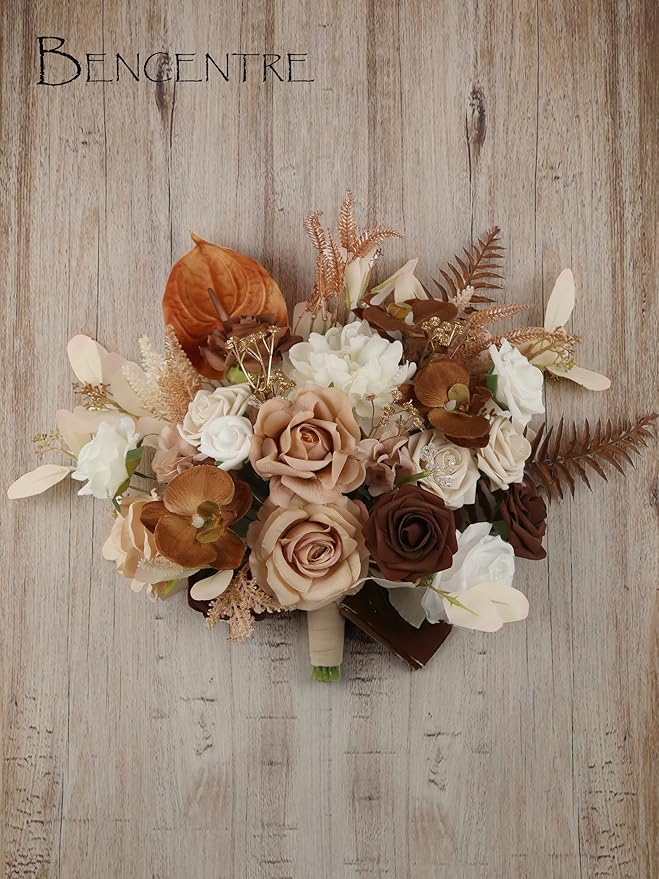 14 Inch Walnut Brown Bridal Bouquet,Wedding Bouquet,Bride Bouquets for Wedding Ceremony Anniversary, Boho Wedding,Party and French Rustic Vintage Wedding,Artificial Flowers
