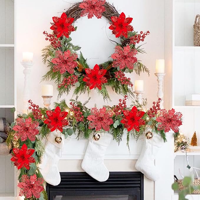 Sawowkuya 22 Pcs Red Christmas Poinsettia Artificial Flowers and Glitter Berries Stems Kit, Christmas Poinsettias Decorations and Christmas Tree Ornaments for Xmas Home Wedding Holiday Tree Decor