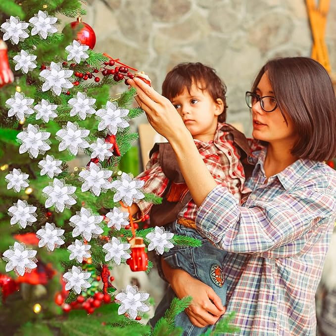 Geosar 24 Pieces Christmas Glitter Poinsettia Flowers Layered Artificial Xmas Flowers Wedding Christmas Tree New Year Ornaments 3/4/6 Inch(White)
