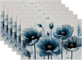 Blue Poppy Flower Placemats Set of 6, Linen Place Mat Washable Stain Resistant Table Mats for Farmhouse Kitchen Dining Holiday Party Wedding Decor 12x18 Inch