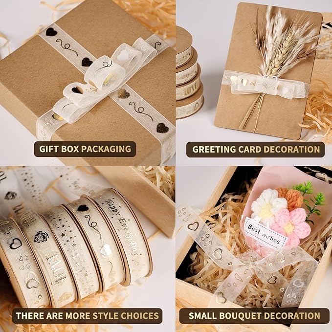 ‌SAYUAN Gold Love Ribbon 5/8 Inch x 30 Yards Organza Ribbon with Gold Love Pattern for Valentine's Day Birthday Christmas Gift Wrapping Handmade Crafts Floral Bouquet Wedding Party Decoration