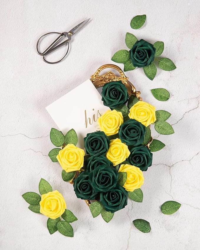 DuHouse 50Pcs Artificial Roses Flowers Fake Roses with Stems Real Touch Foam Flowers for DIY Wedding Bouquet Baby Shower Centerpiece Floral Arrangement Party Home Decor(Yellow)