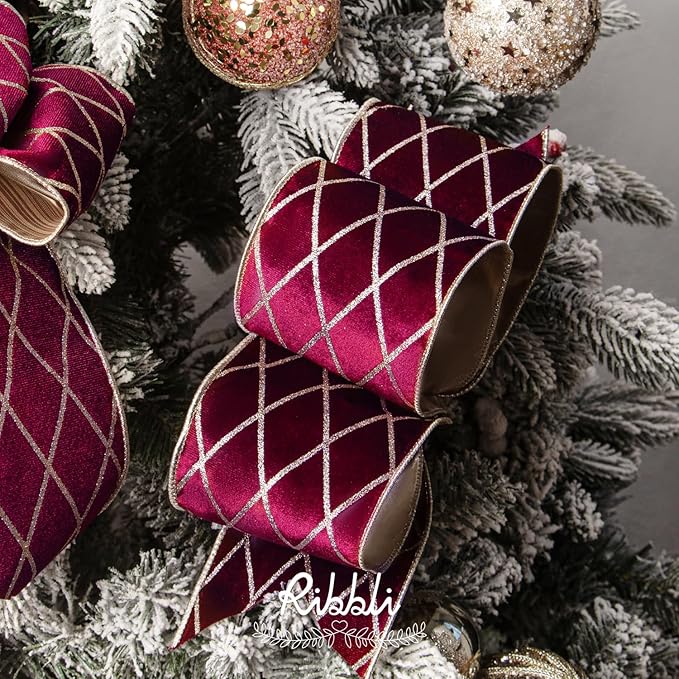 Ribbli Burgundy Velvet Ribbon Wired with Glitter Diamond Grid 4 Inch Christmas Ribbon for Christmas Tree Decoration Big Bow Gift Wrapping Crafts Wreaths Garland Supplies - 10 Yards