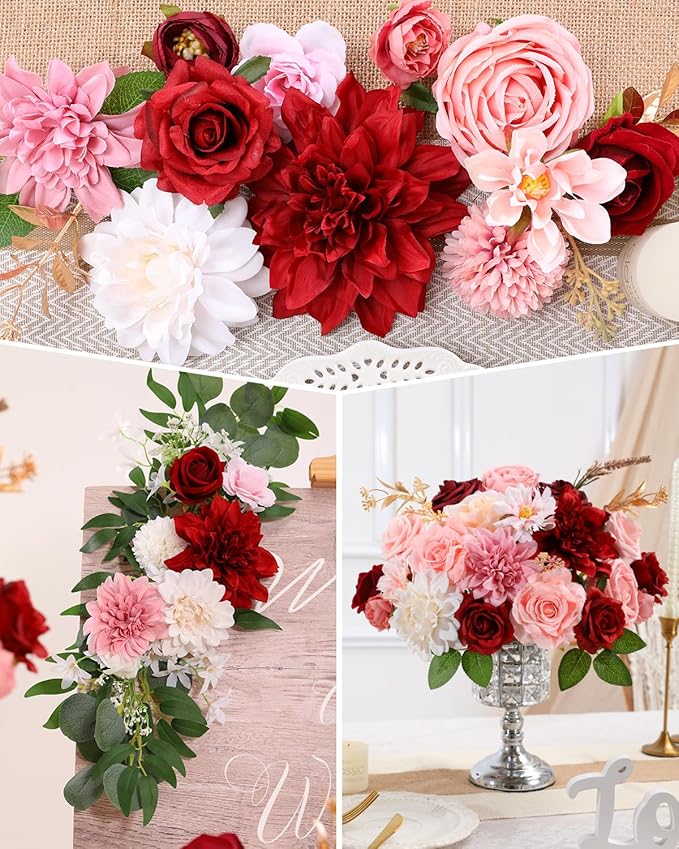 Senseya Artificial Flowers Combo, Dark Pink Silk Roses, Peonies, Dahlias with Stems for DIY Wedding Bouquets, Baby Shower, Table Centerpieces, Home Decor, Fake Floral Arrangements, Party Decorations