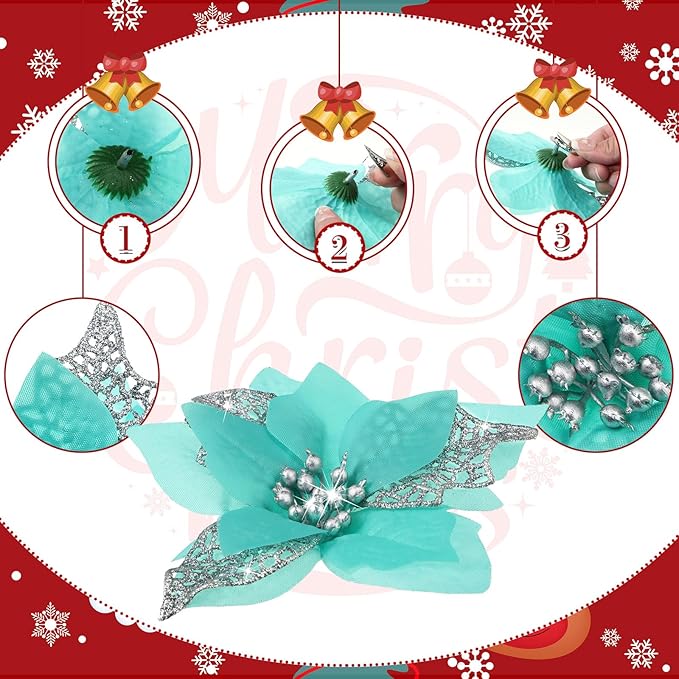 Boao 24 Pieces Christmas Artificial Glitter Poinsettia Flowers Xmas Flowers Wedding Christmas Tree New Year Ornaments(Blue Green)