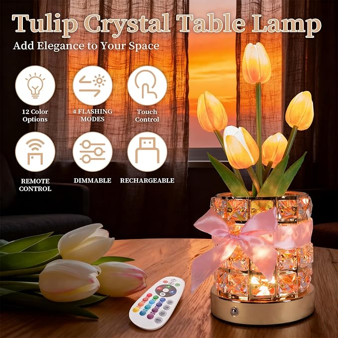 Magic Blooms for Every Moment USB Rechargeable Remote-Controlled Tulip Crystal Lamp, 12 Color Changing, 4 Flash Modes, Perfect for Home Decor, Gifts for Mom, Wife, Girlfriend, and Sister