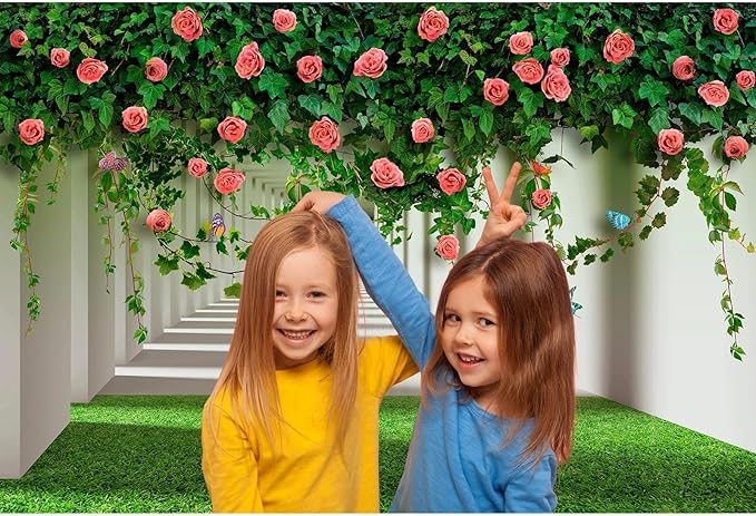 Rose Flowers Backdrop Red Rose Flowers and Green Leaves with Butterflies Photography Background Spring Alley Green Grass Backdrops Outdoor Wedding Party Decorations Photo Studio Props 12x8ft