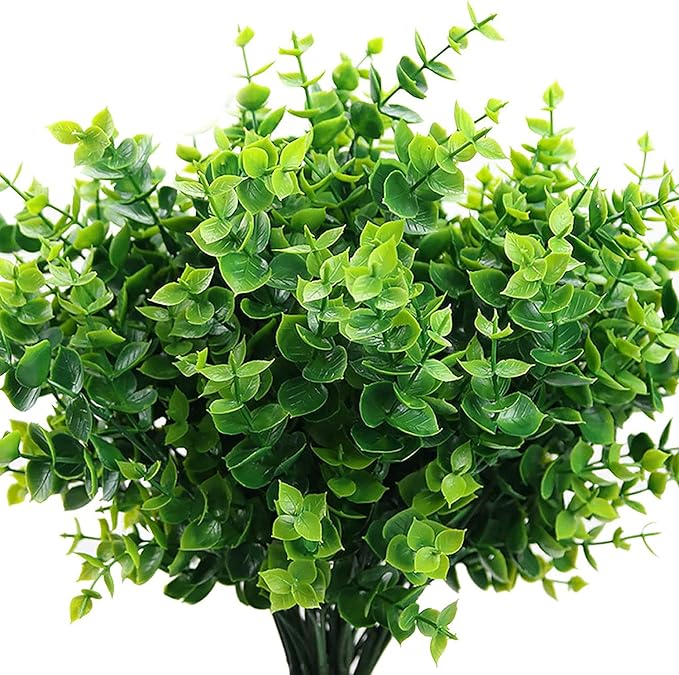 PASYOU Artificial Shrub, Fake Bush Simulation Eucalyptus Grass Greenery Leaves Plastic Plants Indoor Outdoor Outside Home Garden Office Bathroom Verandah Wedding Décor Decoration Planter Filler 4 Pcs