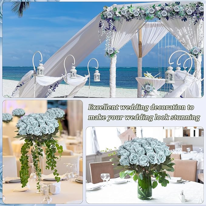 30pcs Fake Roses Artificial Silk Flowers Long Stems Bouquet for Wedding Bridal Shower Party Home Decoration (Dusty Blue)