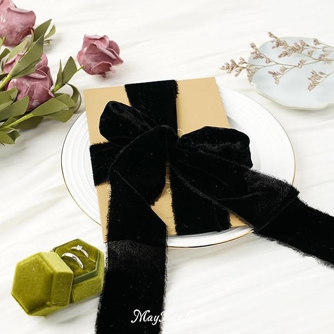 MAYREEL 2 Inch Black Velvet Ribbon Hand Torn Ribbon Silk Frayed Edge for Bridal Bouquets Invitations Wedding Vow Books Gift Baskets Hair Bows 3 Yards