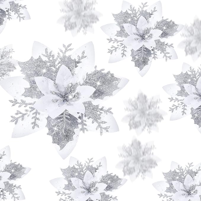 24 Christmas Glitter Artificial Poinsettia Flowers Xmas Poinsettia Artificial Wedding Flowers Decorations Xmas Tree Ornaments with Clips for Party Favors, 6 Inch, 4 Inch, 3 Inch (Silver and White)