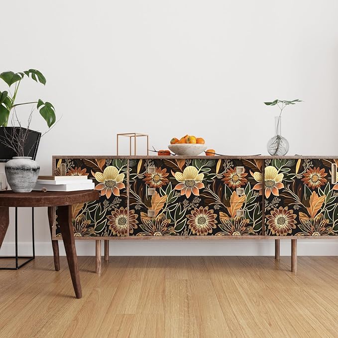 Boho Wallpaper Peel and Stick Dark Floral Wallpaper for Cabinet Vintage Contact Paper Waterproof Self Adhesive Removable Modern Wall Paper for Bedroom Stair Bathroom 17.5in x118in