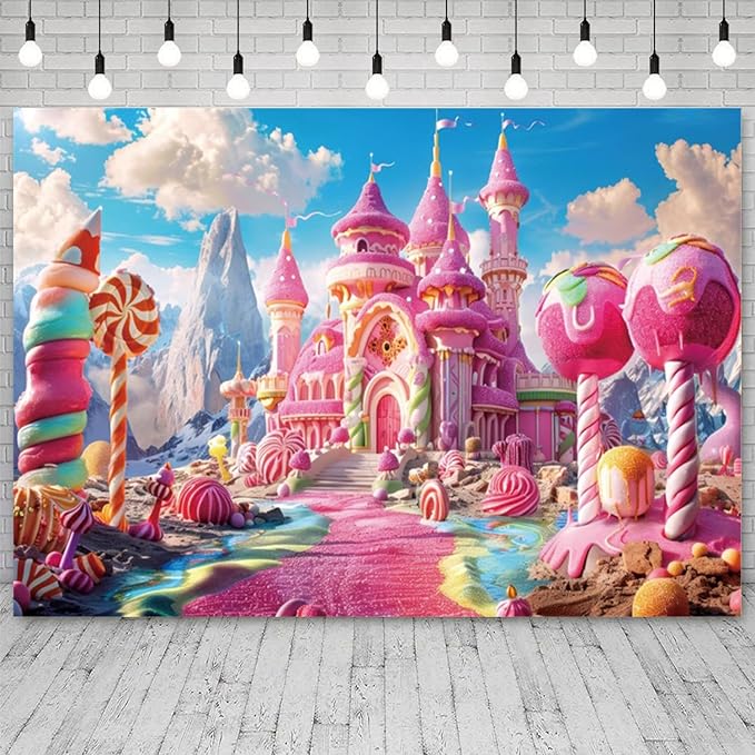 8x6ft Pink Fantasy Castle Backdrop Candy Land Sweet Candy House Photography Background Baby Shower Sweet Girl Princess Birthday Banner Decorations Kids Artistic Portrait Photo Booth Prop
