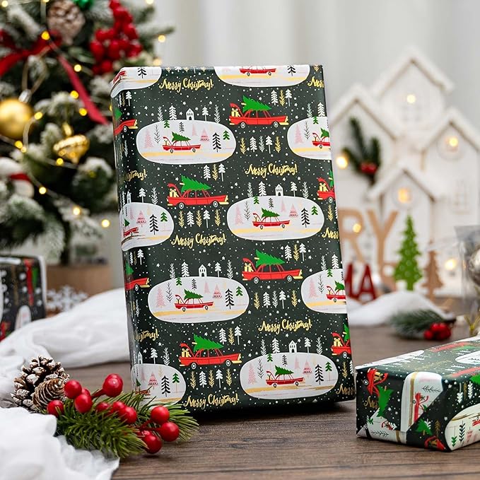 MAYPLUSS Green Christmas Wrapping Paper - 17In x 33 Feet - Truck, Christmas Tree Xmas Gift Wrapping, Gold Foil Wrapping Paper for Holiday, Party, Birthday New Year Gift Wrapping Paper,Mini Roll