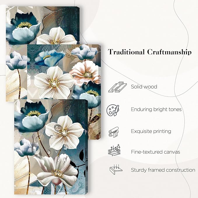 SERIMINO Large Canvas Wall Art for Living Room, Blue Floral Pictures Wall Decor for Dining Room Bedroom Bathroom Kitchen 3 Pieces Lotus Flower Print Painting for Home Decorations 20"X28"