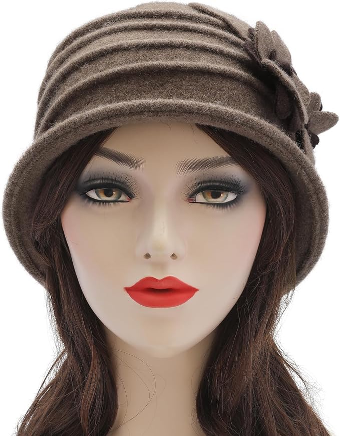 ZLYC Women Wool Cloche Bucket Hat 1920s Vintage Dress Winter Hats with Flower Accent