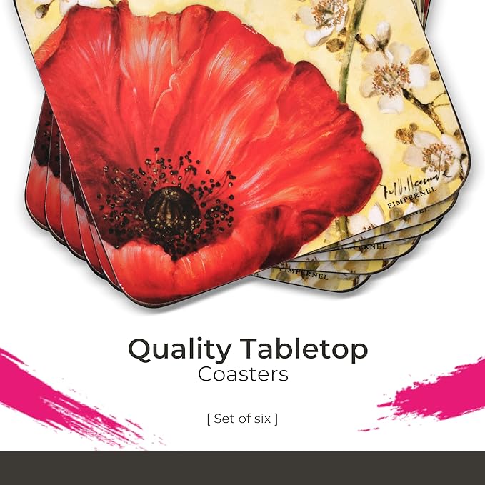 Pimpernel Red Poppy Blossoms Coasters, Set of 4 (4" x 4") – Cork-Backed Board with Bright Floral Artwork, Heat & Stain Resistant Drink Mats for Dining, Coffee Tables & Home Decoration