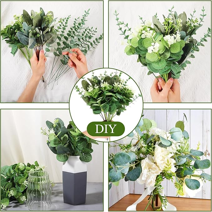 100pcs 4 Kinds Mixed Faux Eucalyptus Stems, Bulk Silver Dollar Artificial Eucalyptus Stems Green Faux Greenery Stems for Wedding Vase Bouquets Floral Arrangements
