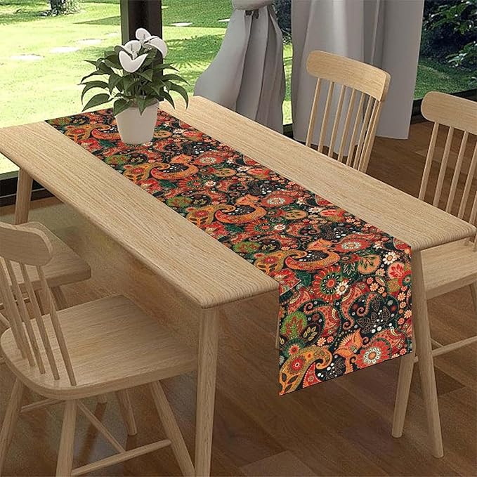 Vintage Paisley Table Runner, Colorful Retro Damask Antique Floral Flower Boho Damask Swirled Print Table Center Decor for Family Kitchen Table Decorations Indoor Outdoor 13x36 inch