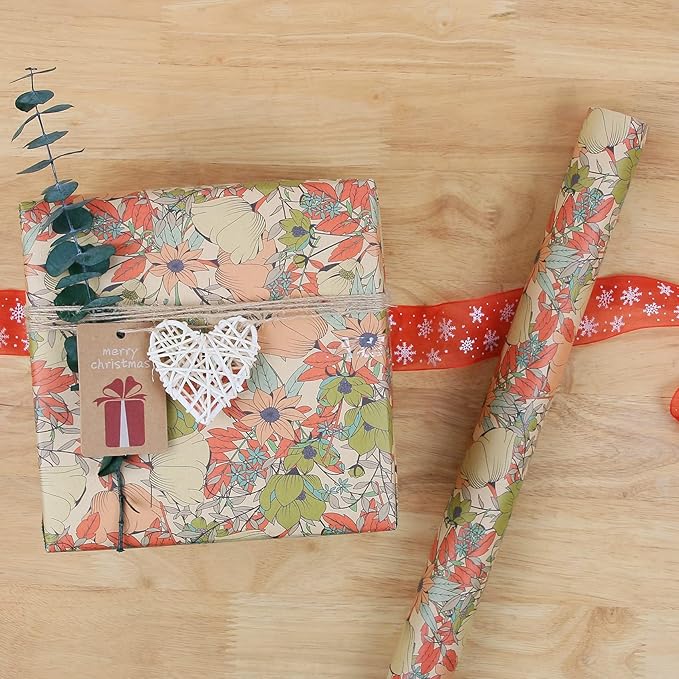 Aimyoo Kraft Floral Wrapping Paper Roll - Mini Roll - 17 Inch x 32.8 Feet - All Occasion Vintage Flower Gift Wrap Paper for Mother's Day Wedding Birthday Bridal Shower