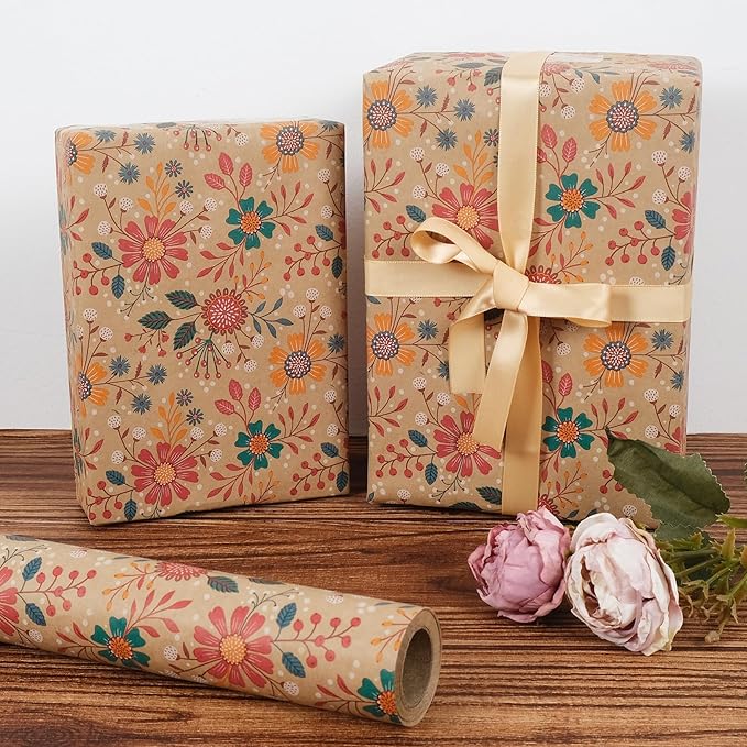 Aimyoo Kraft Floral Wrapping Paper Roll - Jumbo Roll - 30 Inch x 33 Feet - All Occasion Vintage Flower Gift Wrap Paper for Mother's Day Wedding Birthday Bridal Shower