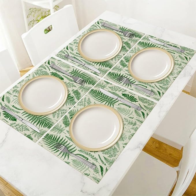 Vintage Leaves Placemats Set of 8, 17x12 Inch Green Boho Abstract Aesthetic Tropical Botanical Leaves Modern Art Printed Table Mats for Home Party Kitchen Dining Decor