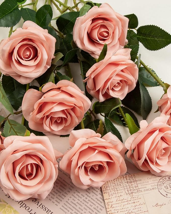 DuHouse 10pcs Silk Roses Artificial Flowers Fake Rose for Arrangement Wedding Party Home Decoration (Light Coral)