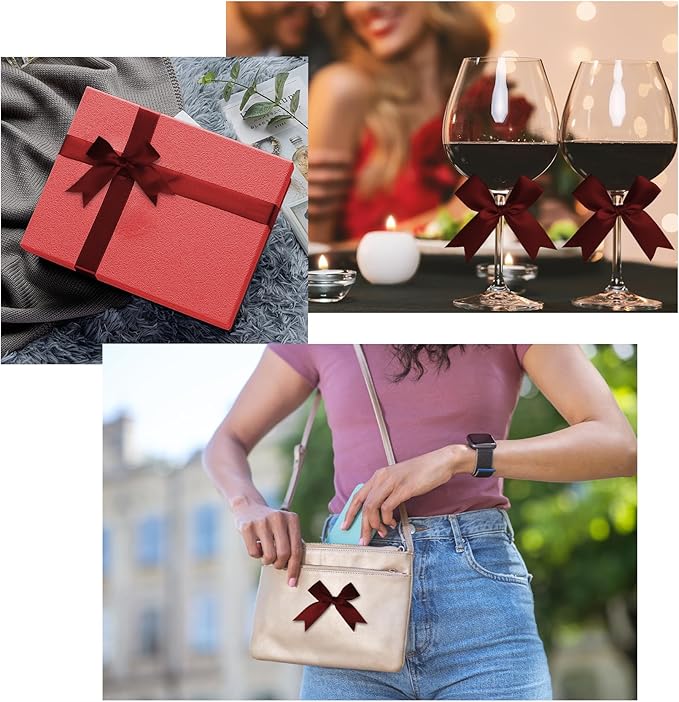 50 Counts Burgundy Red Twist Tie Bows 3.1" Pre-Tied Satin Ribbon Bow Decor Mini Twist Tie Bows for Gift Wrapping Treat Bags Cake Bridal Baby Shower Birthday Party Favors Wedding Decorations