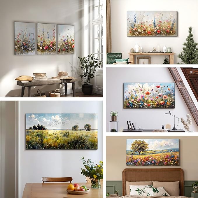 SERIMINO Large Wall Art for Living Room Canvas Prints, Nature Floral Botanical Wall Art Set 3 Piece Farmhouse Decor, Misty Flowers Modern Home Decor Paintings for Bedroom Bathroom 16"X24"