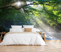 Mountain Stream and Beams of Light Mural with Sunlight Shining on The Running Water in The Forest Wall Mural, Non-self-Adhesive Wallpaper（Non-self-Adhesive）