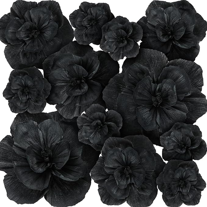 Giant Paper Flowers Artificial Large Paper Flower Decoration for Handcrafted Wall Backdrop Christmas Mexican Wedding Graduation Bridal Shower Birthday Party Supplies(Black,12 Pcs)