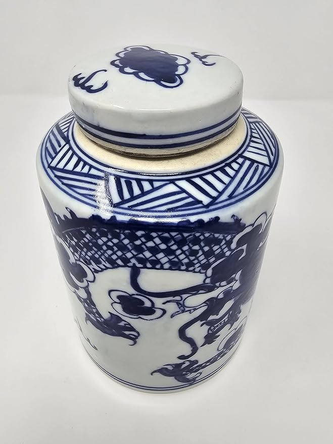 Festcool Retro Antique Like Style Blue and White Porcelain Dragon Ceramic Covered Jar Vase, China Ming Style, Jingdezhen (7 H)
