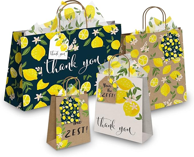 Pro Supply Global 24 Count of 2.5 Inch x 3 Inch Pre Strung Lemons Gift Tag Assorted Printed Designs on Large Cardstock Gift Hang Tags - Ideal to Use on Bags