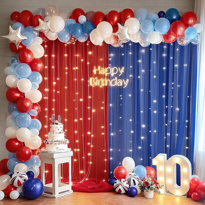 10x10ft Royal Blue Red Tulle Backdrop Curtain with Lights String for Parites, Sheer Backdrop Curtains for Wedding Baby Shower Birthday Party Photo Shoot Decorations