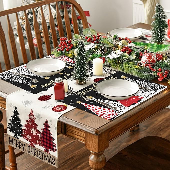 Merry Christmas Placemats Set of 4,Christmas Tree Placemats Dining Table Mat Set,12x18 Washable Stain Resistant Wipeable Cloth Placemat for Kitchen Buffet Parties