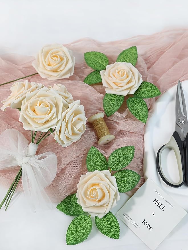 Meldel Artificial Flower Rose 50pcs Real Looking Champagne Fake Foam Roses with Stems for DIY Wedding Bouquets Gifts Bridal Shower Faux Floral Centerpieces Arrangements Home Party Tables Decorations