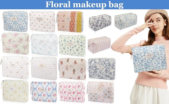 Floral Makeup Bag, Cute Cosmetic Bag for Women Girls, Quilted Cotton Make up Pouch, Travel Makeup Bags, Portable Storage Toiletry Organizer Bag(Navy Blue)