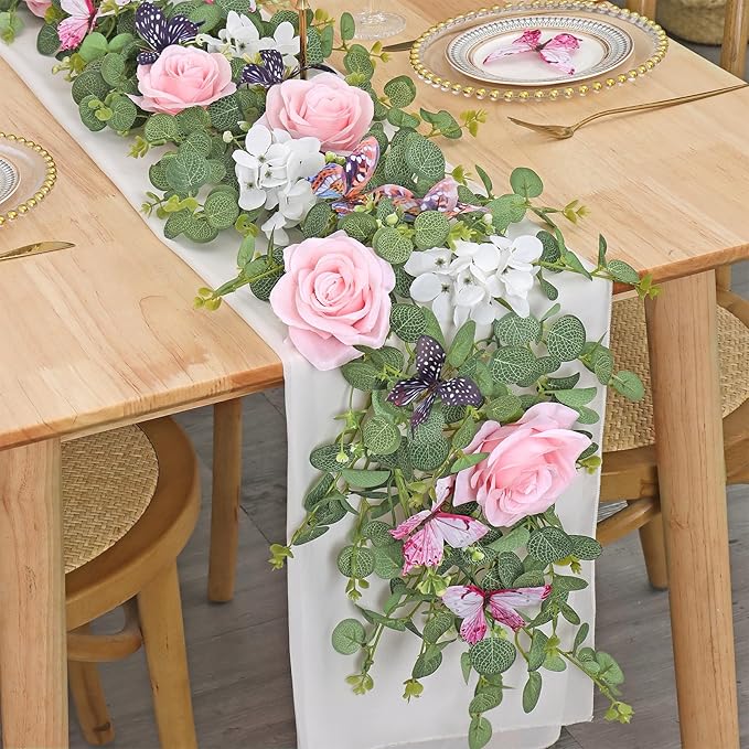 2Pcs 5.9 Ft Artificial Rose Vine Fake Flower Garland Pink Rose Hydrangea Vines with 3D Butterflies Hanging Floral Eucalyptus Garland for Wedding Party Background Arch Table Wall Home Decor