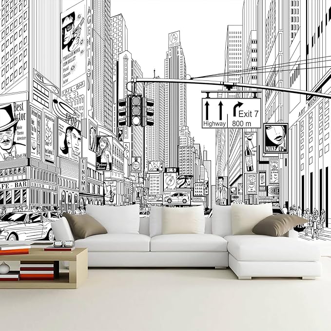 WFBHUA-Black and White City Wallpaper Peel and Stick New York Landscape Self Adhesive Wall Mural for Living Room Bathroom Bedroom 82"x57"