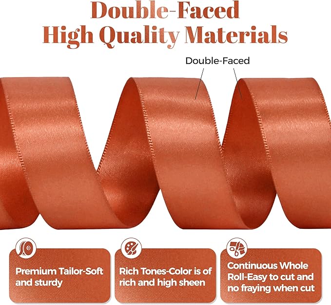 Copper Satin Ribbon, Double Faced 7/8 Inch X 50 Yards Copper Ribbon, Premium Satin Ribbon for Gift Wrapping, Crafts, Hair Bow Making, Sewing, Flower Bouquet, Wedding Party Decor