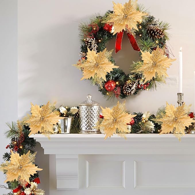 10'' Large Christmas Glitter Poinsettia Flowers Decorations, stadeco 10 Pcs Christmas Tree Picks Ornaments Artificial Flowers with Long Stems for Xmas Tree Wreath Garland Wedding Party DIY Decor